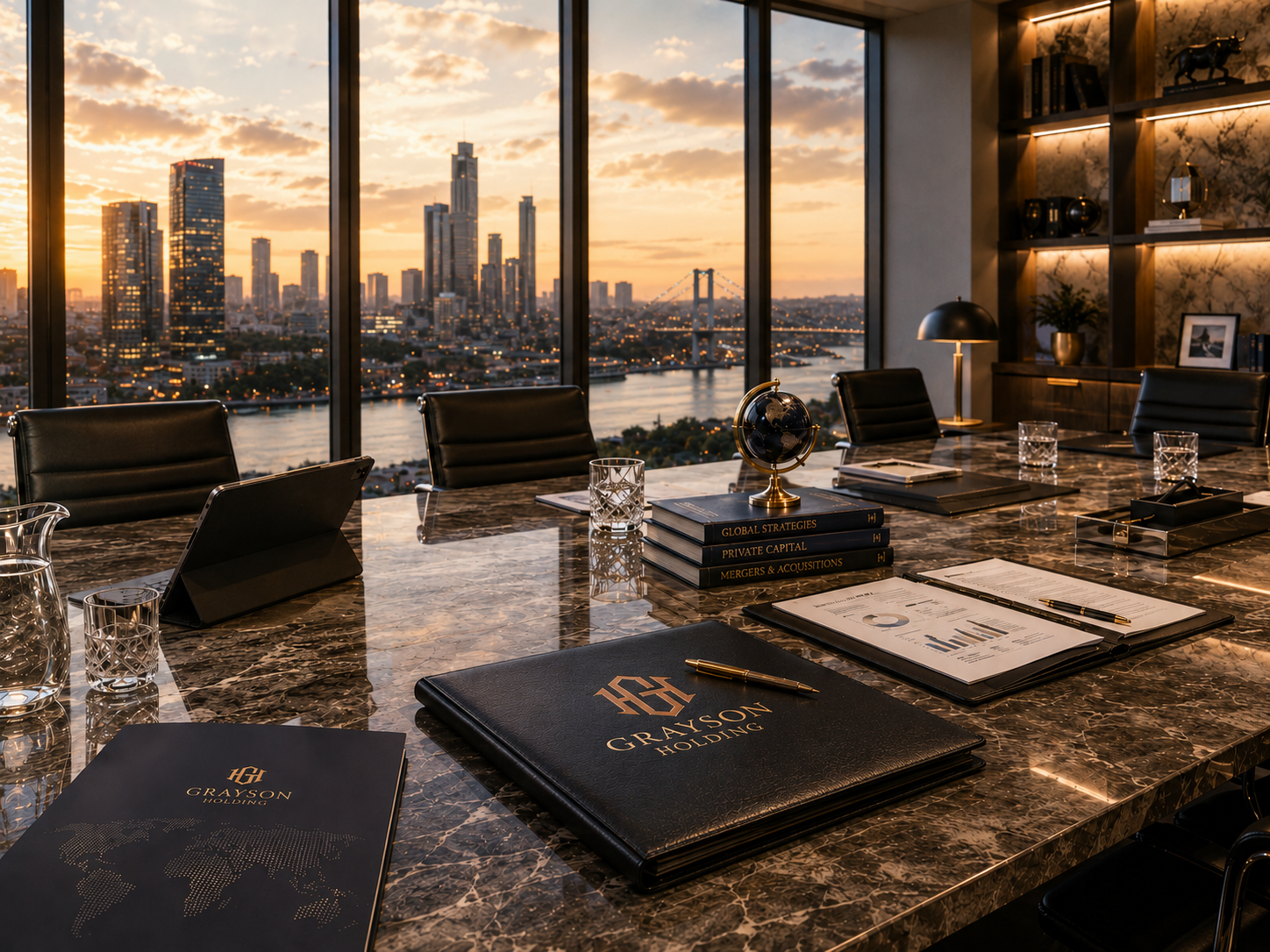 Boardroom overlooking a city skyline at sunset with a Grayson notebook and globe