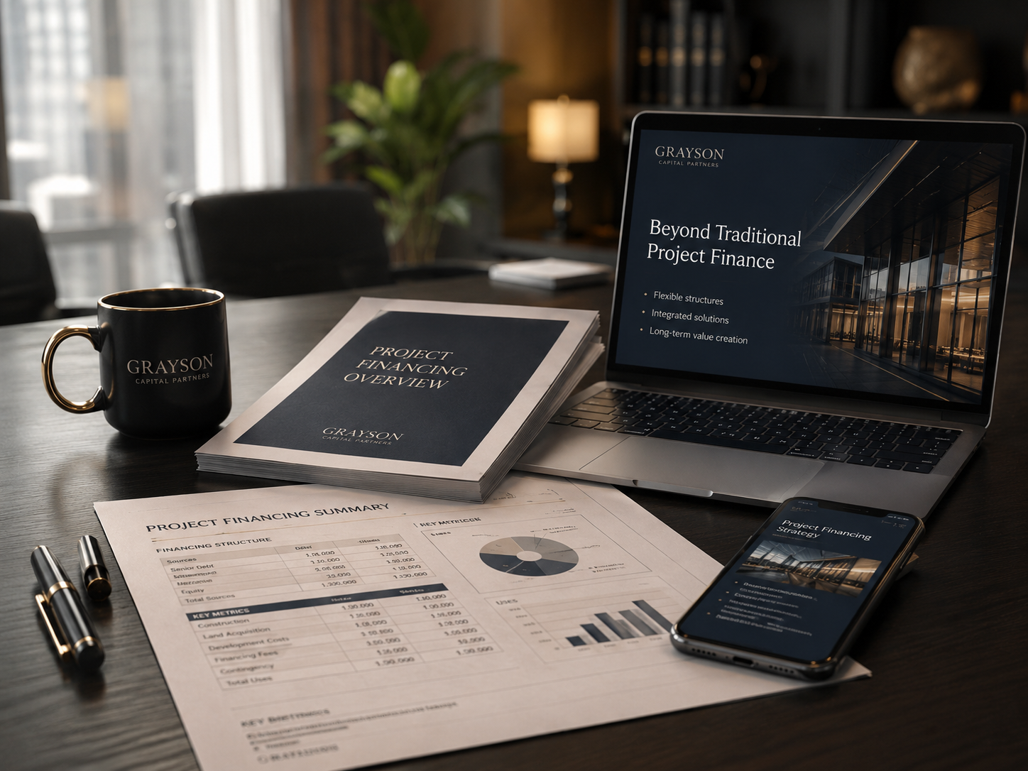 Project-finance workspace with digital and printed materials