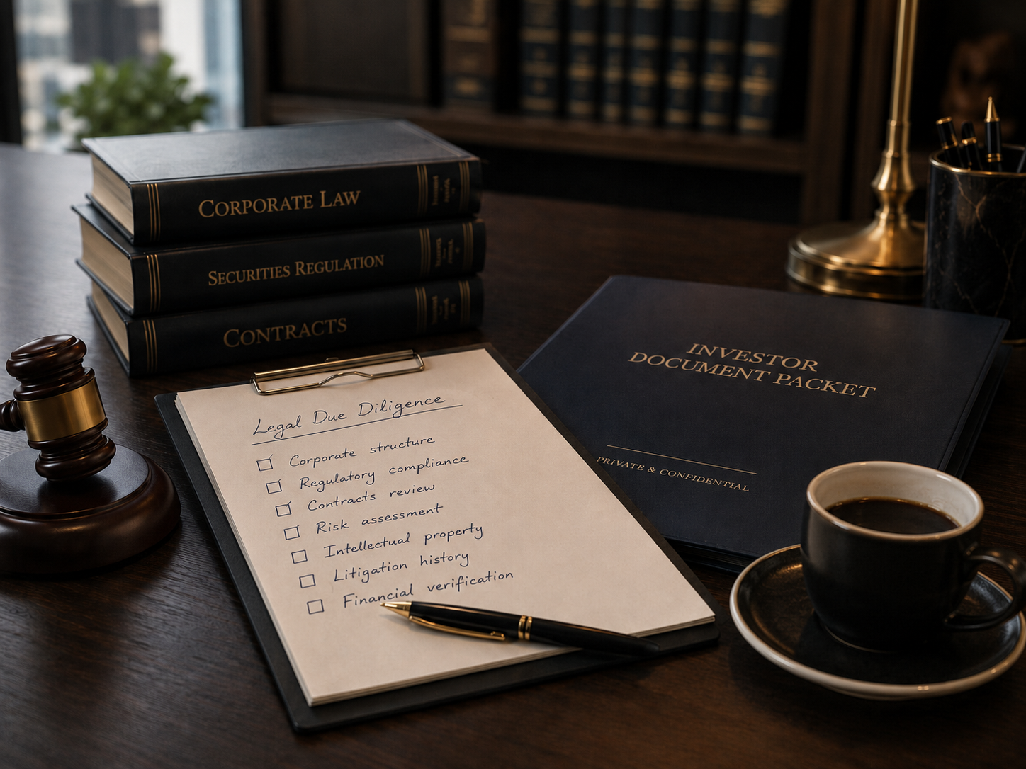 Legal due-diligence desk with investor-readiness documents