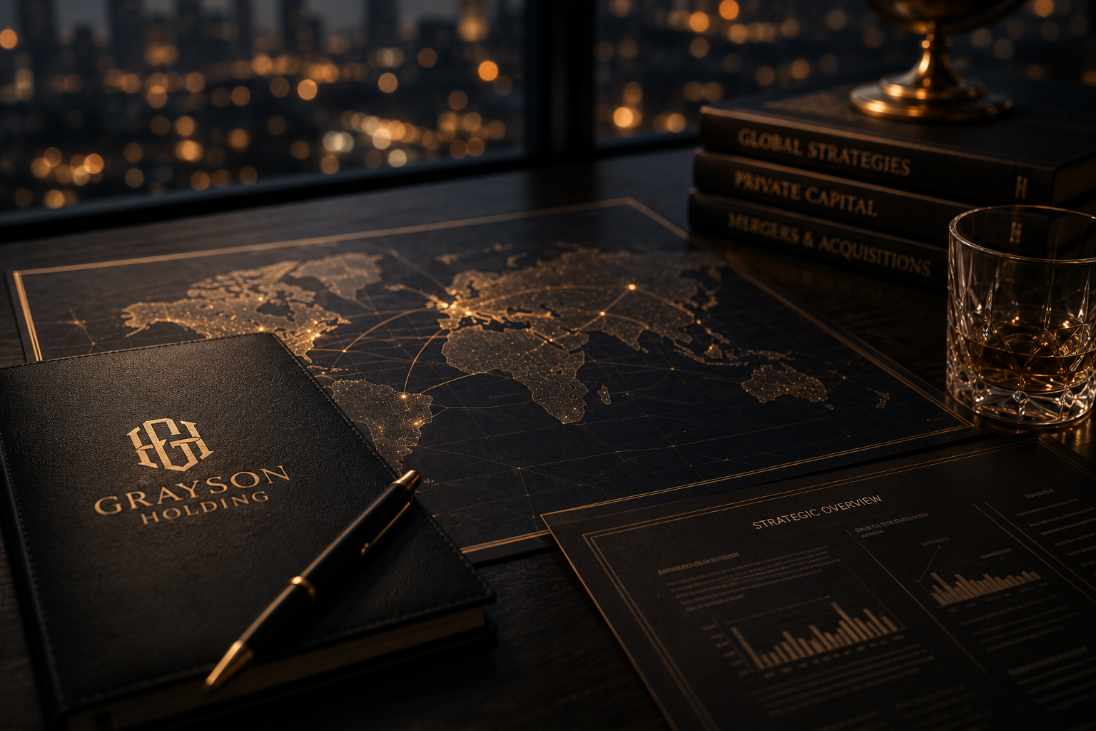 Grayson notebook, map and pen with warm city lights